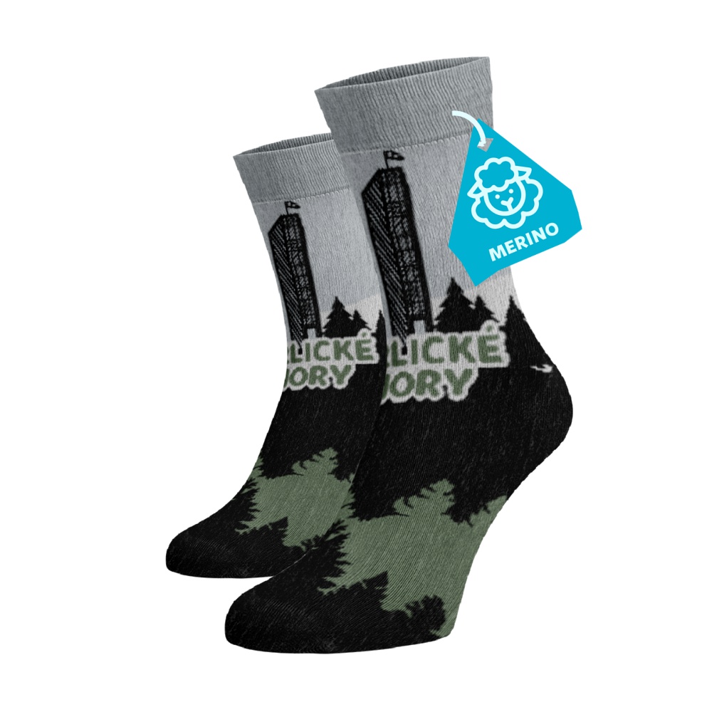 Veselé vysoké merino ponožky - Orlické hory 42-44