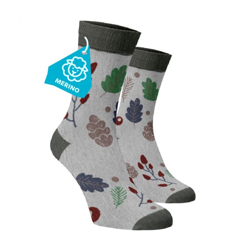 Hrubé hrejivé ponožky MERINO Lístie - Veľkosť: 42-44, Materiál: Vlna (Merino)