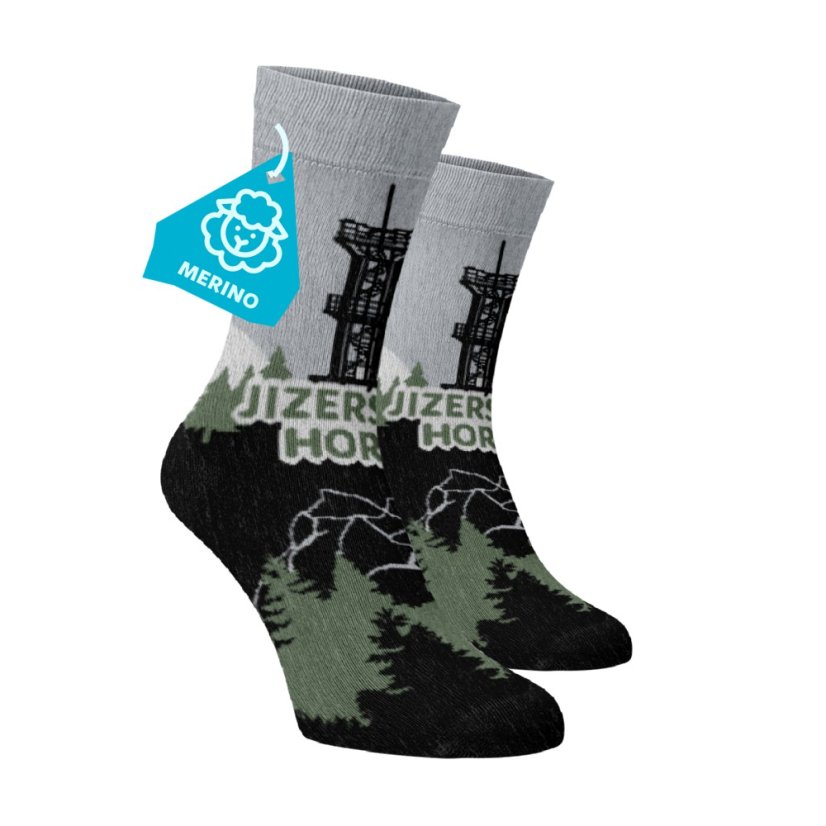 Veselé vysoké merino ponožky - Jizerské hory