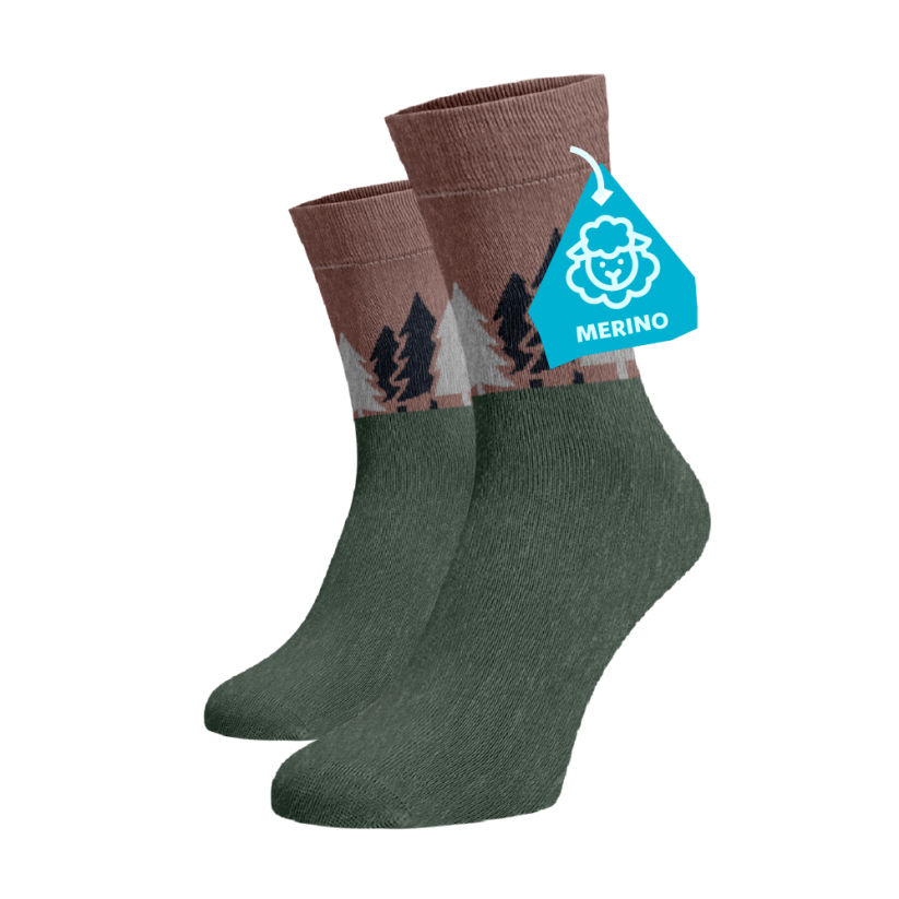 Hrubé hřejivé ponožky MERINO Les - Barva: Zelená, Velikost: 42-44, Materiál: Vlna (Merino)