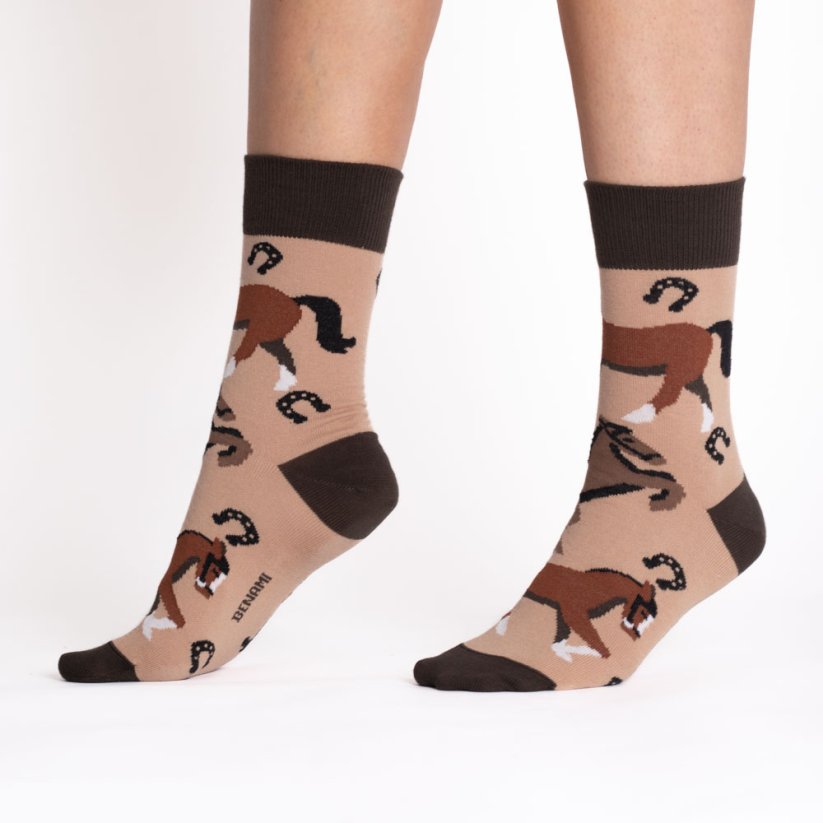 Veselé ponožky Koně - Barva: Béžová, Velikost: 35-38, Materiál: Bavlna