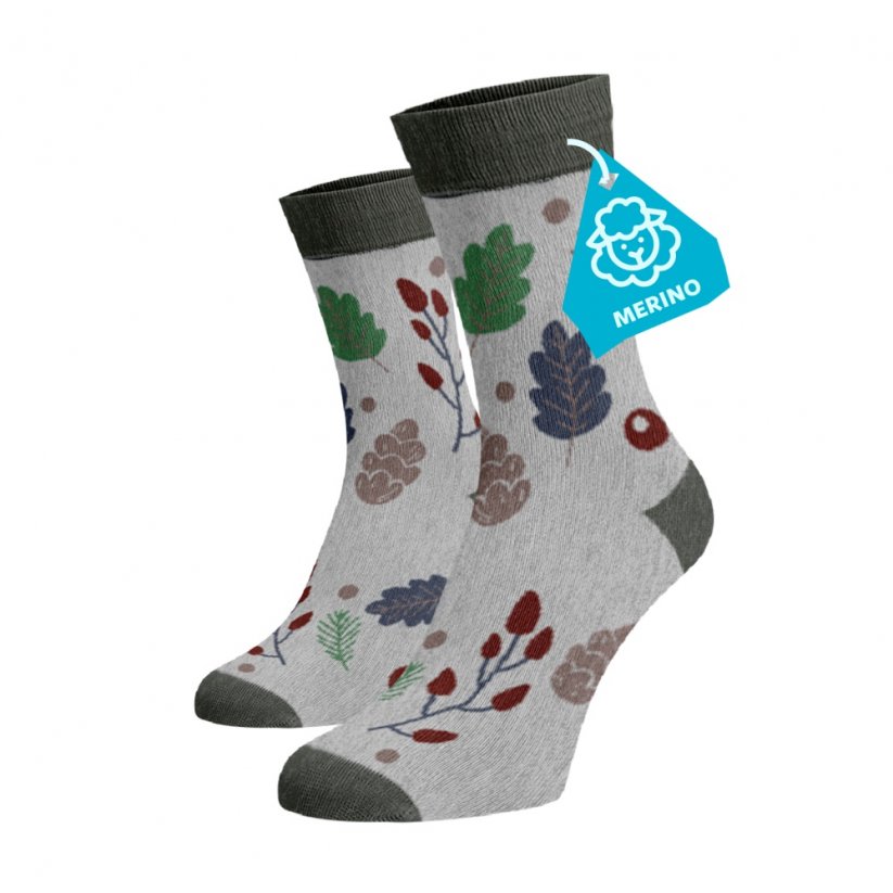Hrubé hrejivé ponožky MERINO Lístie - Veľkosť: 42-44, Materiál: Vlna (Merino)