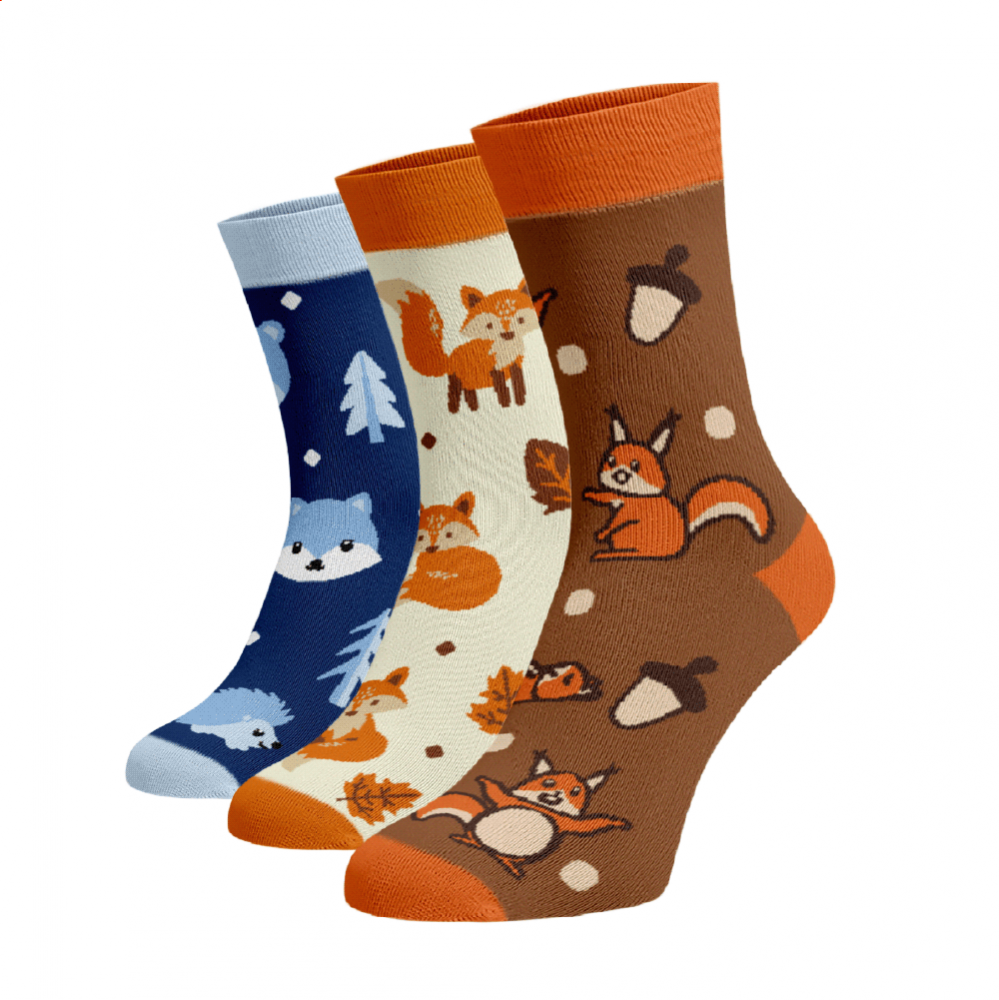 Zvýhodněný set 3 párů vysokých veselých ponožek - Zvířátka v lese Bavlna 35-38