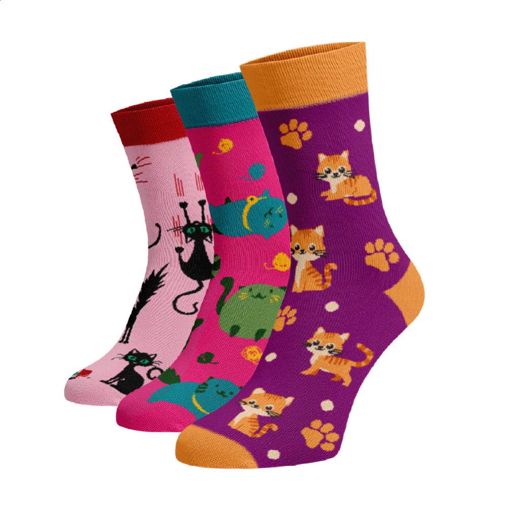 Zvýhodněný set 3 párů vysokých veselých ponožek - Pro milovníky koček Bavlna 39-41